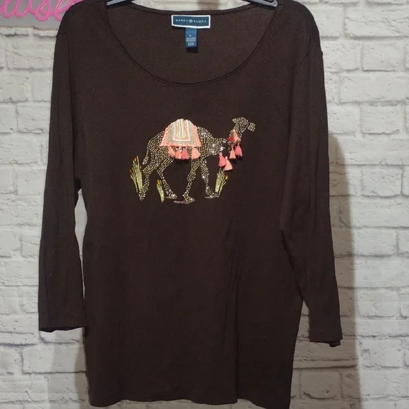 Karen Scott Brown Long Sleeve Top with Camel Design - Picture 1 of 4